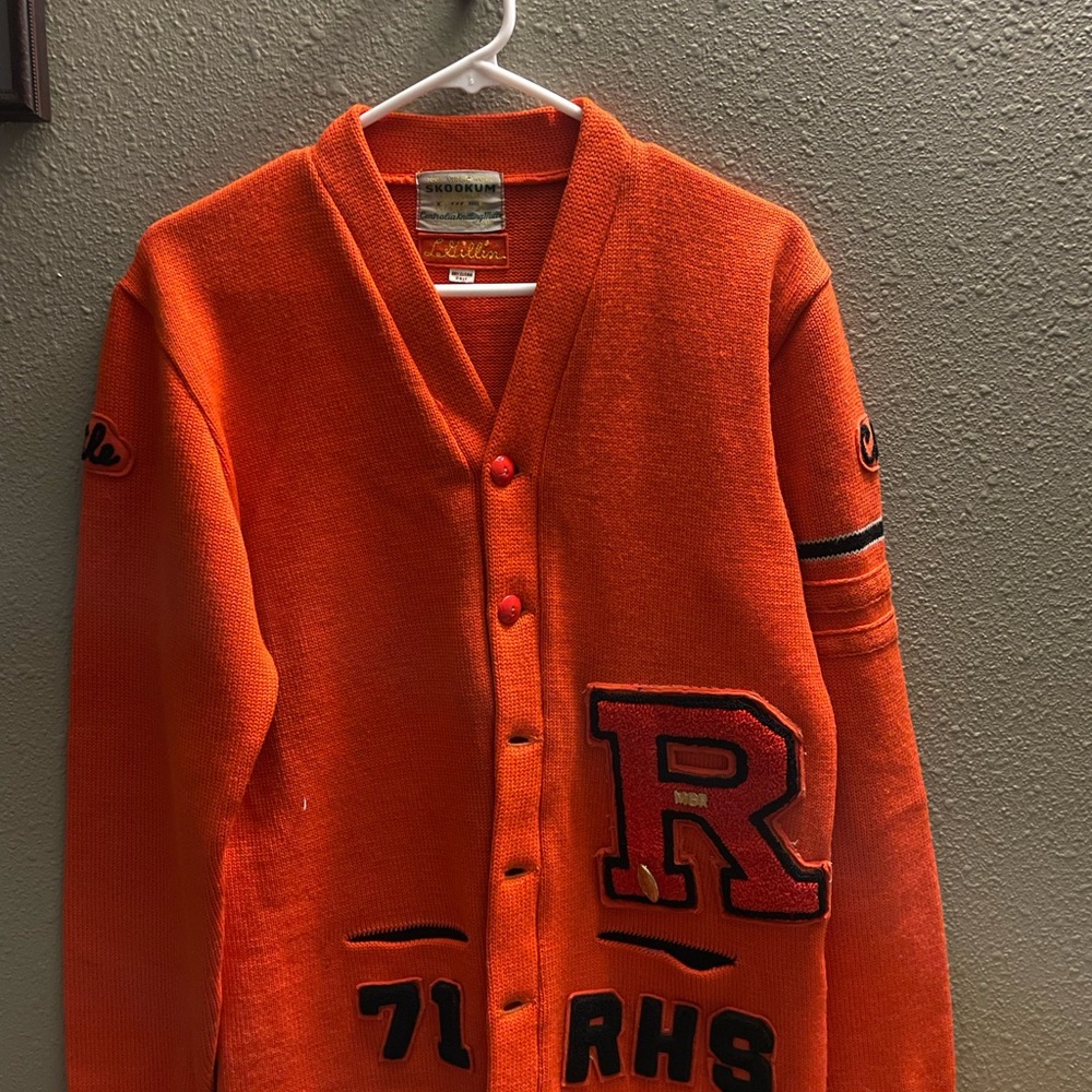 Vintage Mint 1971 Ronan Montana Orange Varsity Cardigan with Red Accents